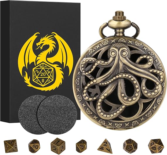 Mini DND Dice Set, Steampunk Hollow Octopus Pocket Watch Shell Case, 7pcs Polyhedral Metal DND Dice Set, D&D Gifts with Gift Box, Role Playing Board Games Accessories, Bronze