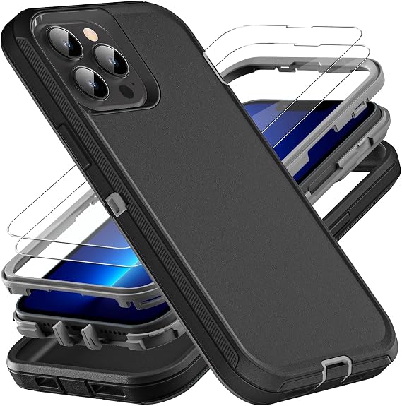 YmhxcY for iPhone 13 Pro Max Case, Military Grade 3 in 1 Heavy Duty Shockproof/Drop Proof/Dust Proof Case with 2Pcs Tempered Glass Screen Protector (Black/Grey)