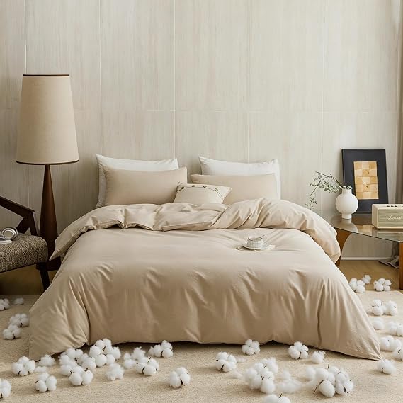 KAREVER Beige Comforter Twin Washed Cotton 3 PCs 100% Cotton Bedding Set Brighter Khaki Twin Size Comforter Set