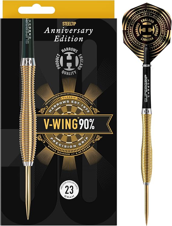 Harrows V-Wing 90% Tungsten Steel Tip Darts Set. Available in 21g, 23g, 25g - Includes Curved 'V-Wing' barrel, Midi Supergrip Carbon shafts & New Anniversary 100 Micron Flights