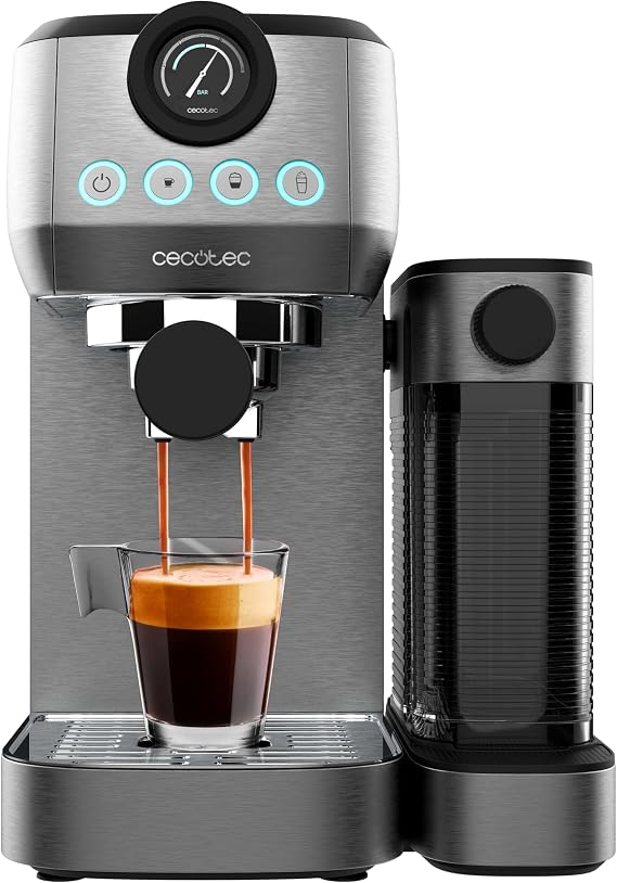 Cecotec Semiautomatic Power Espresso 20 Steel Pro Latte Coffee Maker, 1350 W, Thermoblock, ForceAroma 20 bars, Full-Milk Reservoir, Instant Capuccino, Hot Tray Cups, Double Arm