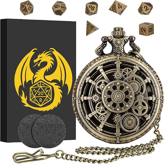 Mini DND Dice Set with Steampunk Hollow Gear Pocket Watch Shell Case, 7pcs Polyhedral Metal D&D Dice Set, DND Gifts with Gift Box, Role Playing Board Games Accessories, Bronze