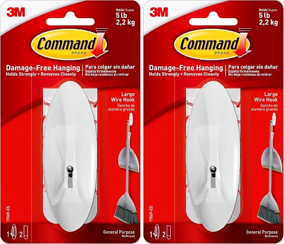 Command 17069 Wire Hook with Strips - Large, White (Pack of 2)