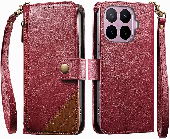COQUE Xiaomi 17T Pro için Kart Yuvalı ve Ayaklı Cüzdan Kılıf, Fermuarlı Cep, Düğme Kapağı, Xiaomi 17T Pro için Bileklik Koruyucu, Kırmızı