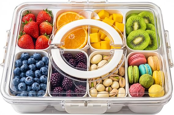 Snackle Box with Lid and Handle, Multi-Compartment Divided Snack Serving Tray, Dishwasher Safe Portable Airtight Food Container for Plane, Travel & Picnics, Party Organiser for Fruit, Sweets