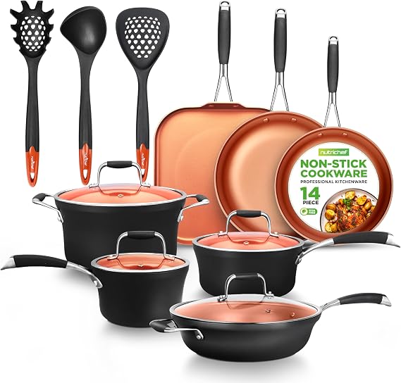 NutriChef Nonstick Pots and Pans Cookware Set for Induction Hob – 14-Piece, UK Copper