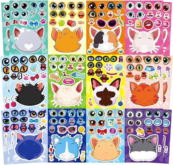 24 Sheets Cartoon Make a Face Stickers, Make Your Own DIY Stickers for Kids, Art Crafts Suitable for Birthday Party Supplies Gifts (Cat)
