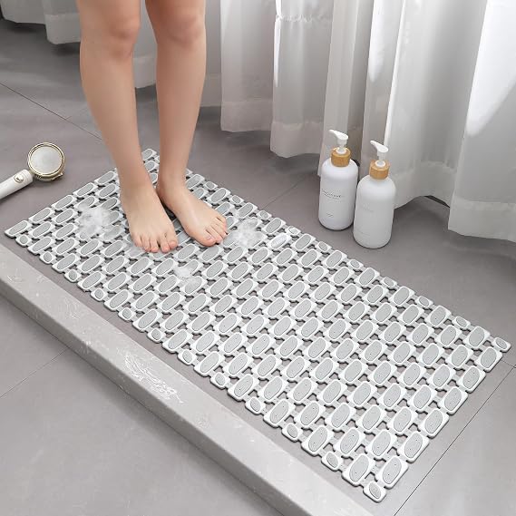 XIYUNTE Large Shower Mat Non Slip Anti Mould for Elderly- 90 x 40cm Cut-to-Fit Non Slip Shower Mat for Inside Shower, TPE Bath Mat with Suction Cups & Drain Holes, Bathtub Mat, Grey