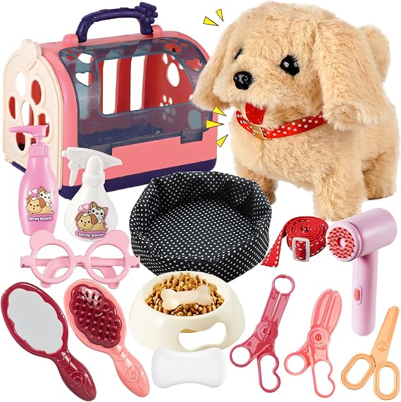 STAY GENT Interactive Robot Dog With Pet Carrier & Plush Walking Dog on Lead, Electronic Grooming Set, Role Play Toys Gifts for Girls 3 4 5 6 7 Years Old