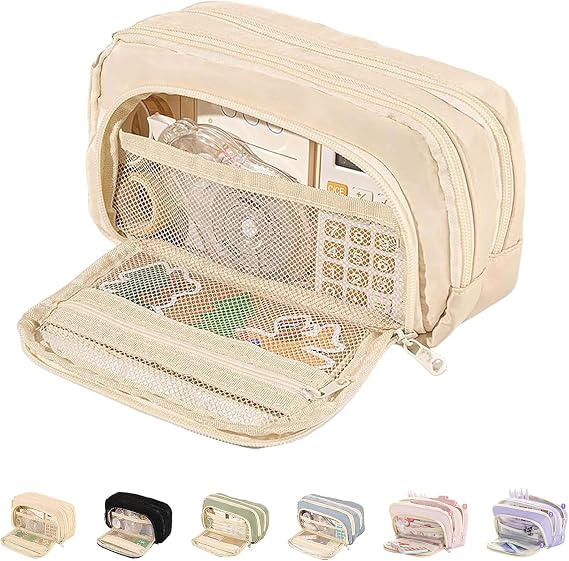 Big Capacity Pencil Case, 3 Compartments Large Pencil Pouch, Simple Pencil Holder Pouch Pencil Pouch Organizer Pen Cases, Pen Bag Pencil Box Holder Organizer (Beige)