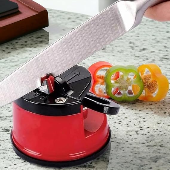 Knife Sharpener - Compact Hands Free Manual Power Grip Suction, Tungsten Blades for Chef’s & Serrated Knives - Safe & Efficient for Hardened Steel - Ideal for Kitchen & Professional Use (Red)