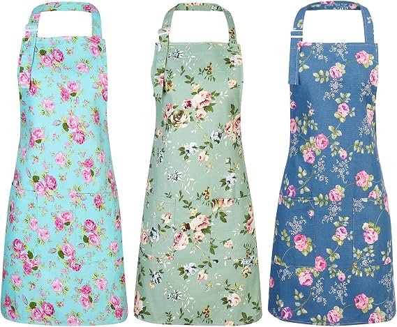 3pcs Vintage Flower Aprons, Adjustable Canvas Aprons with 2 Pockets Kitchen Cooking Apron Chef Bakers Aprons