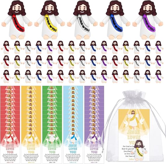 50 Set Mini Jesus Figures Include 50 Little Jesus Statues 50 Prayer Scripture Cards & Organza Bags Jesus Figurines to Hide and Seek Little Jesus Religious Gift for Party Chruch Easter Egg Stuffers