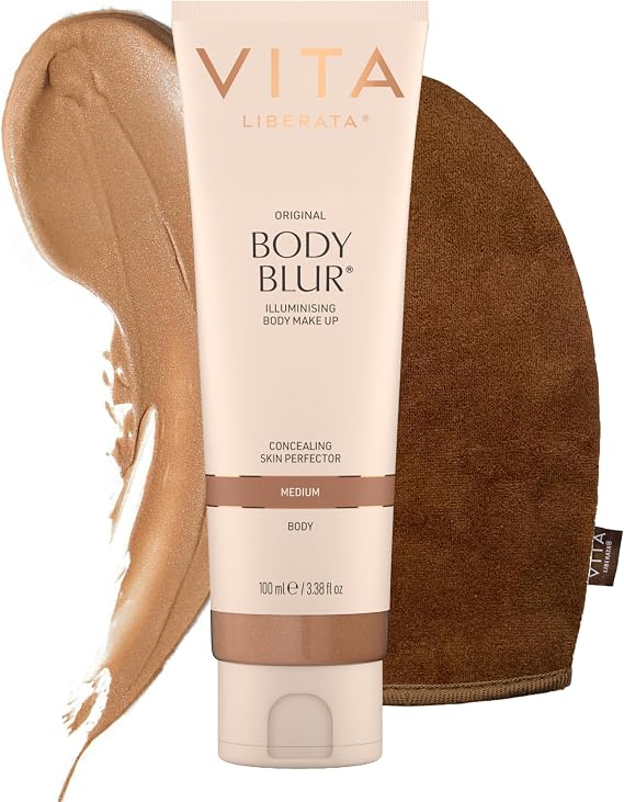 VITA LIBERATA Body Blur Medium 100ml & Mitt Bundle, Leg & Body Makeup, Wash Off Instant Tan, Streak Free Application Blending Mitt, Water resistant, Disguise Imperfections, Flawless Finish