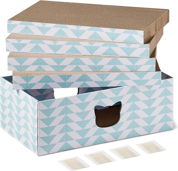 Amazon Basics Cat Scratcher with Box, Corrugated Cardboard Scratchers for Indoor Cats, with Colour Printing and Catnip, FSC Certified, Pack of 4, 42 x 10 x 3.8 cm, Blue