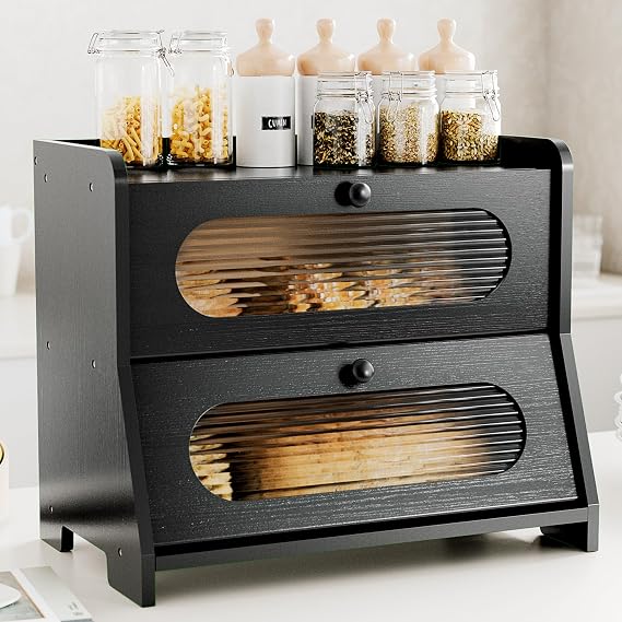 Large Bread Bin for Kitchen,Two Tier Bamboo Bread Box,Bread Storage Containers,Storage Box for Kitchen Countertop with Stiped Window,Black