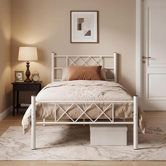 Panana 3ft Single Bed Metal Bed Frame Bedroom Furniture (White-3FT)