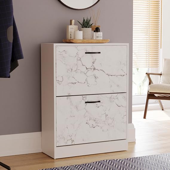 Vida Designs Shoe Cabinet, Wooden Shoe Storage Unit with 2 Pull-Down Drawers, Multifunctional Dust-Proof Space-Saving Slim Design Cupboard for Hallway or Entryway (White Marble)
