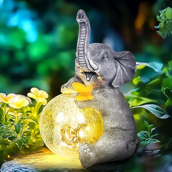 GIGALUMI Elephant Garden Ornaments Outdoor with Solar Glass Globe Lights, Gifts for Mum, for Women, Birthday Gifts for Women, Grandma, Waterproof Elephant Garden Decorations for Patio, Yard