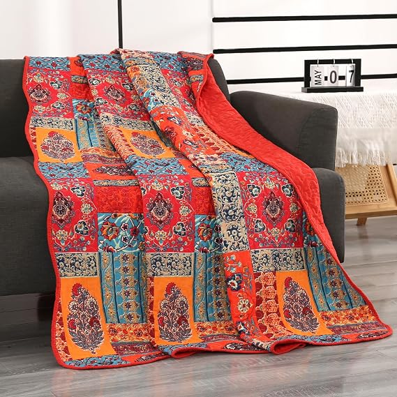 Qucover Bedspread Bed 90, Bedspread 150 x 200 cm Patchwork Ethnic Cotton and Soft Microfibre, Multi-Colour, Reversible Sofa Blanket for 90 cm Bed