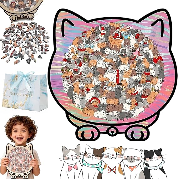Wooden Puzzle Cat Cat Puzzle 135 Piece Cat Wooden Puzzle Cat Shaped Wooden Puzzle Cat Puzzle Wood Cat Puzzle in Morandi Colours (F)