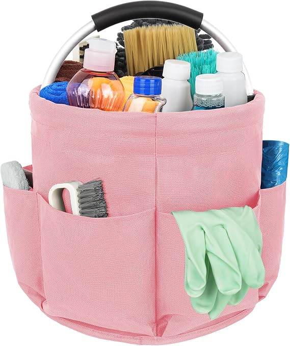Cleaning Bucket Organiser Caddy, Cushioned Bag for Cleaning Products Organiser, Under Sink Storage for Cleaning Supplies with Handle,Pink