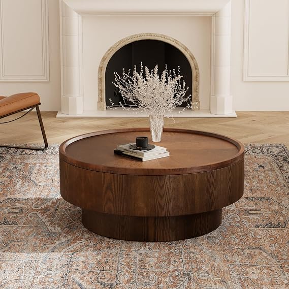 Rustic Drum Round Coffee Table with Storage (B)