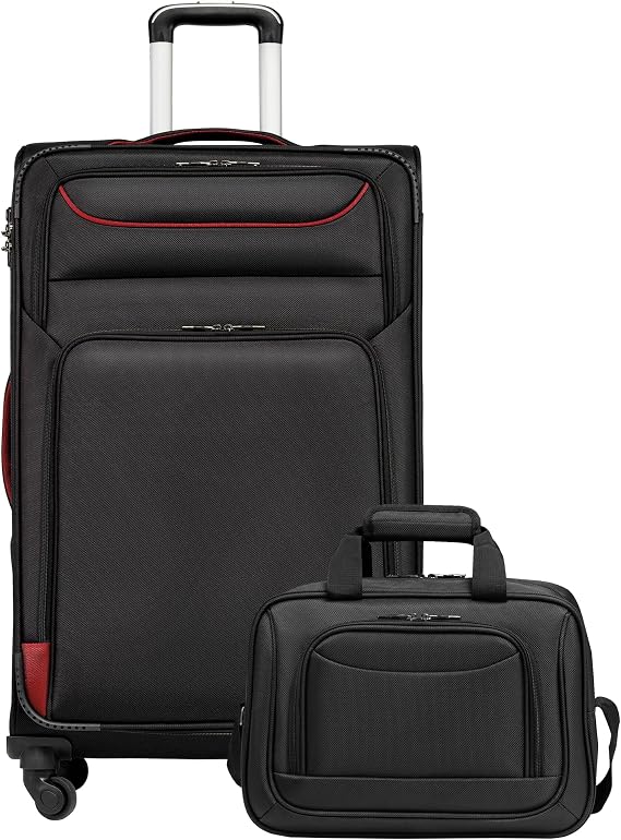 COOLIFE Set of 4 soft suitcases 22.8/26/80 cm and 1 large shoulder bag, Black+Red, Set of 2 Large Suitcases, Classic