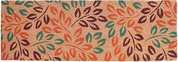 Extra Long Printed Coir Doormat 40x125cm Non-Slip Backing Large Natural Runner for Hallway Entrance Indoor Outdoor Dirt Trapping Heavy Duty Coconut Fibre Mat [Leaves]