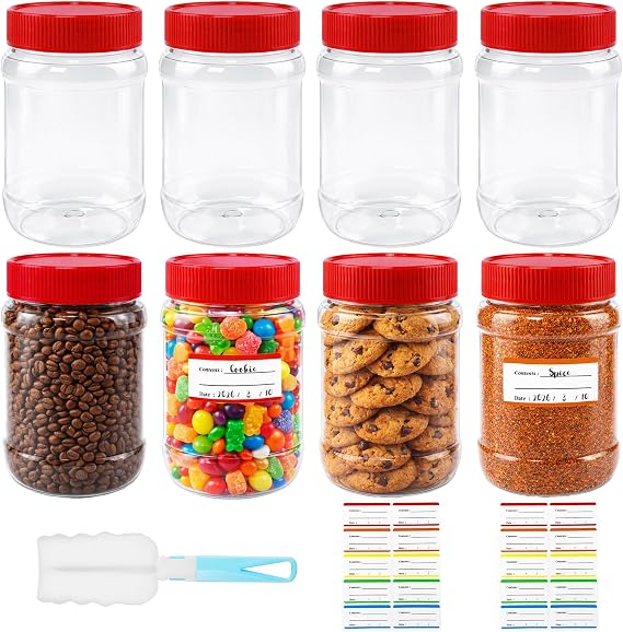 8PCS 500ml Plastic Storage Jars with Screw Lids, Screw Top Plastic Containers, Round Clear BPA-Free Airtight Food Storage Containers with Brush & Labels for Kitchen, Spices, Sweets, Herbs
