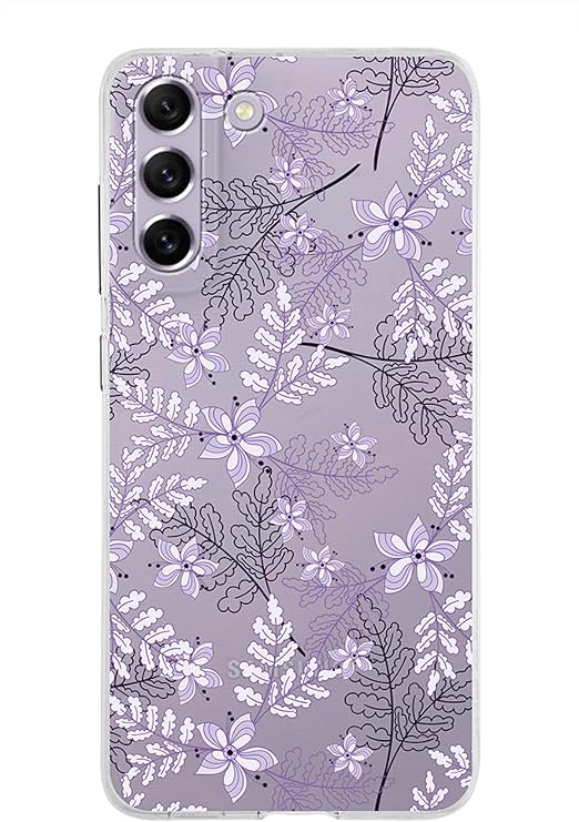 PrintiFy Samsung Galaxy S21 FE ile Uyumlu Kapak Floral Lila Tasarımlı 1mm Fit Şeffaf Silikon Kılıf