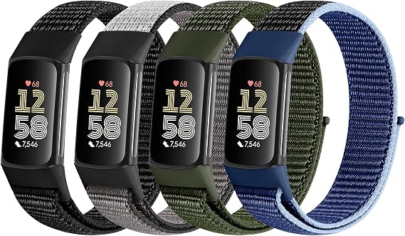 4'lü paket naylon saat kayışı, Fitbit Charge 6/Fitbit Charge 5 ile uyumlu, ayarlanabilir nefes alabilen yedek naylon bileklik, Fitbit Charge 5 Charge 6 spor kayışı, kadın erkek için