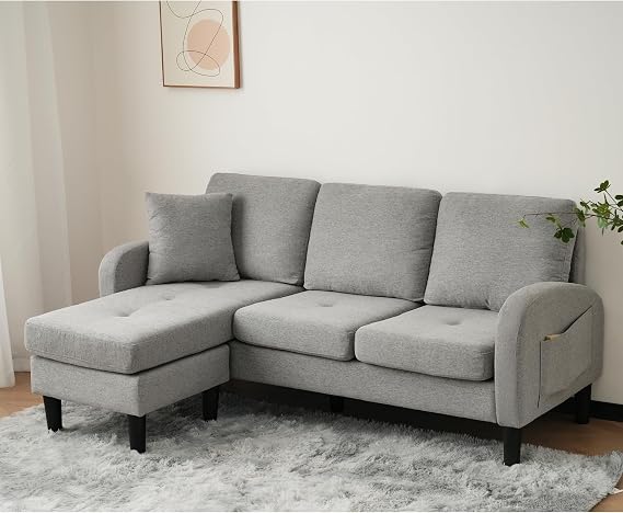 Merax 3 Seater Modular Sectional Sofa 166x118x74 cm - a two-seater &a chaise lounge, L-shaped Corner Couch with comfortable Cushions,breathable Cotton-Linen Fabric, for Living Room Bedroom, Grey