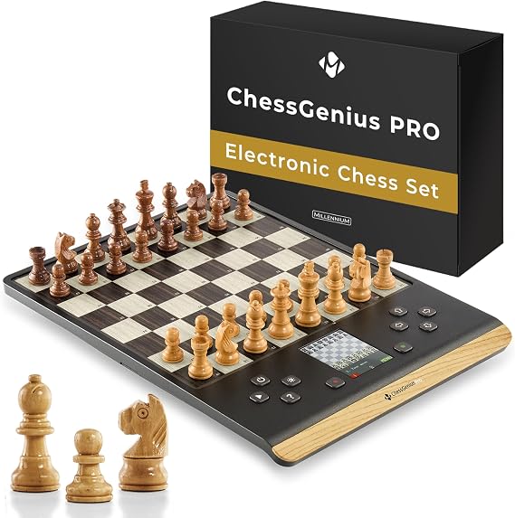 MILLENNIUM ChessGenius Pro Wood Edition Chess Computer - Elegant Wood Look with Real Wood Figures User-friendly Operation Mobile and Versatile Ideal for Hobby Players with AI Learning Functions