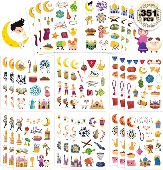 351PCS Eid Mubarak Theme Stickers for Kids Ramadan Kareem and Eid Stickers Sheets رمضان مبارك Holy Kaaba Quran Ramadan Decoration Islamic Muslim Party Supplies Decorations