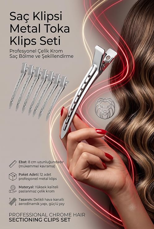 Transformacion Saç Klipsi Metal Toka Profesyonel 8 cm Metal Saç Klipsi 12'li Set - Çelik Krom Kaplama Kuaför Tipi Bölme ve Şekillendirme Tokası - Dayanıklı Berber Seksiyon Klipsi 718288