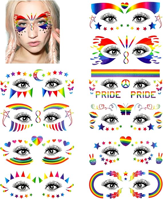 DPKOW Rainbow Face Tattoos for Gay Pride Eye Makeup, 10 Sheets LGBT Rainbow Temporary Tattoos for Kids Adults Men Women LGBT Pride Body Art, Rainbow Face Paints Tattoos Pride Peace Butterfly Star Moon