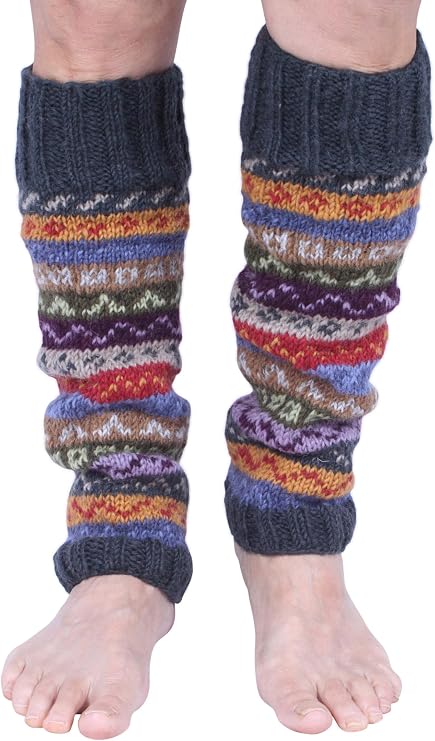 Pachamama 100% Wool Legwarmer Handknitted Fairisle Green Multicoloured Regular Fit Handmade Extra Warm Fair Trade