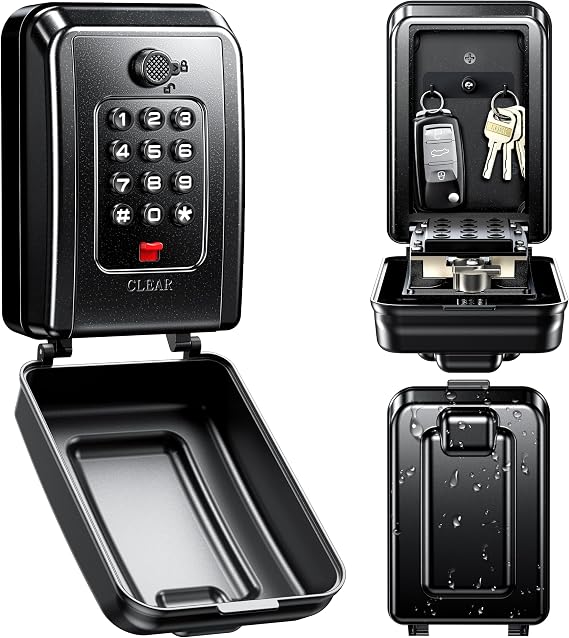 ISEYOU Key Safe Wall Mounted, Heavy Duty Outdoor Lock Box with 12 Digit Push Button Combination Code for Spare Keys, Large Capacity Weatherproof Key Box for Home, Office, Garage & Apartment