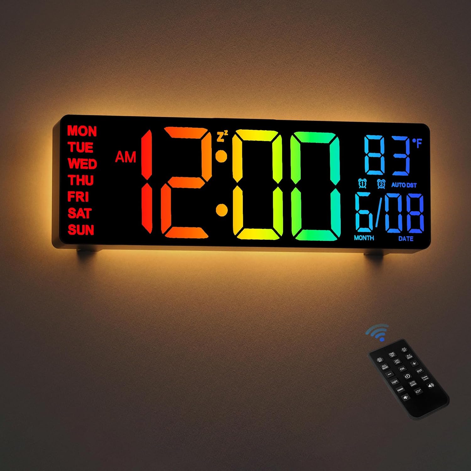 10.5 Inch Large Digital Wall Clock With Temperature, Date And Day, RGB Color Auto Brightness Dimmer, Night Lights, Auto Dst, 2412-Hour Led Wall Clock For Desk Bedroom Office