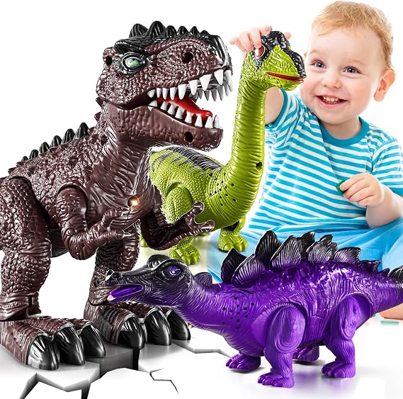 3-Pack Electronic Walking Dinosaur Toys for Toddlers 3-8, Moving Dinosaurs Toys with Lights, Roaring Sounds, T-Rex, Brachiosaurus & Stegosaurus, Birthday Gift for 2 3 4 5 6 Years Old Boys