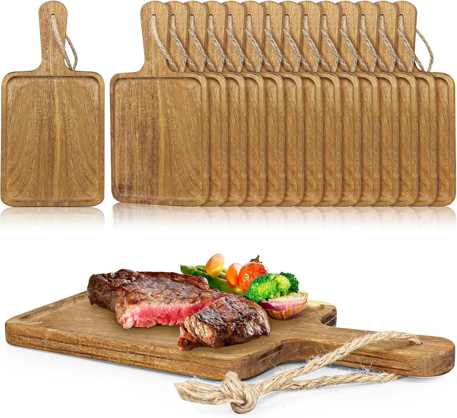 16 Pack Cutting Board with Handle, Acacia Wood Chopping Boards, Decorative Charcuterie Platter, Pizza Bread Cheese Fruit Serving Tray for Kitchen Counter Table Christmas Decorate - 30×15×1.5cm