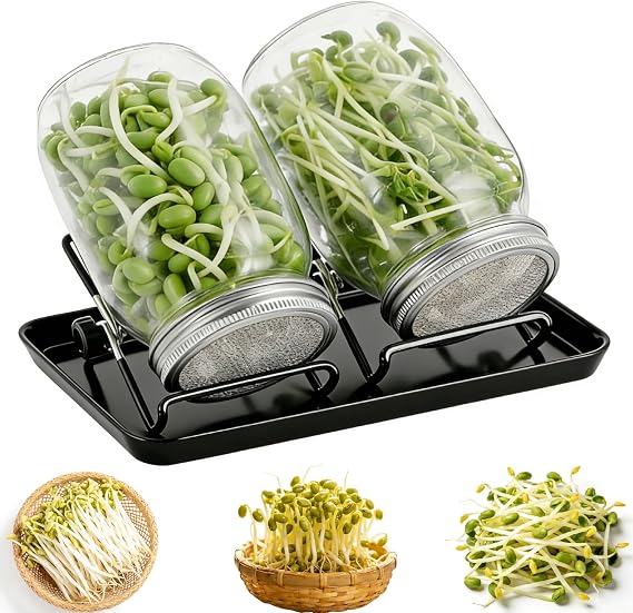 2pcs Sprouting Jar Kit - 1 Quart(1000ml) Wide Mouth Mason Jars with Stainless Steel Mesh Lids, Microgreens Growing Kit & Seed Sprouter for Broccoli Sprouts Seeds, Alfalfa & Mung Bean