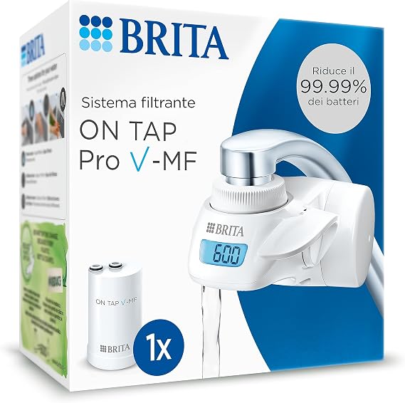 BRITA ON TAP Pro V-MF water filter for faucet including 1 filter cartridge (600l) - reduces 99.99% bacteria, chlorine, microplastics and heavy metals/digital LCD display shows remaining capacity