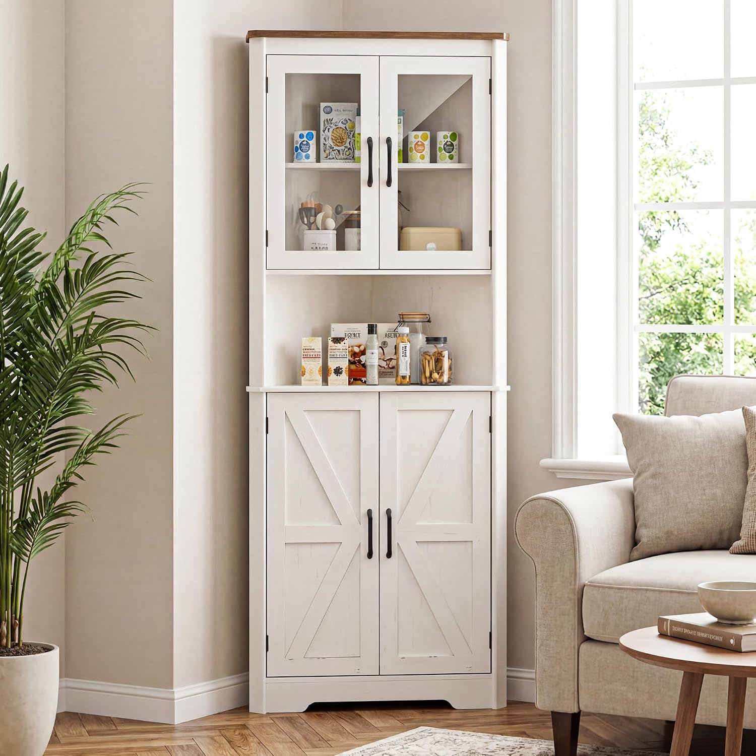 Tall Corner Storage Cabinet with Barn Doors, 5-Tier Farmhouse Corner Cabinet for Living Room, 2 Wooden Doors,2 Glass Door and 5 Shelves, Space Saving Freestanding Sideboard for Home, Kitchen,White