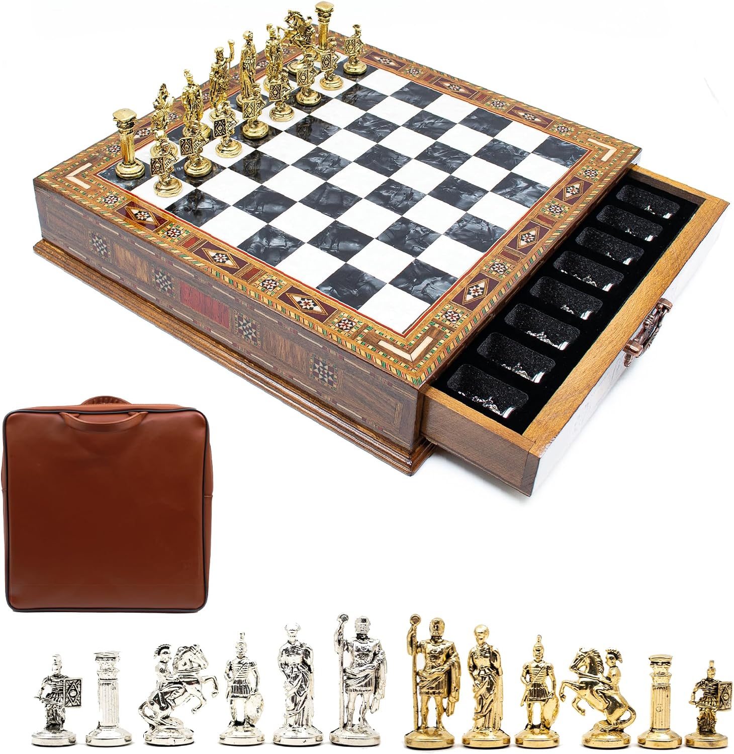 Wooden Chess Set with Storage, Handmade Chess Set, Premium Chess Board, Chess sets for adults, Medieval Chess Set (black)