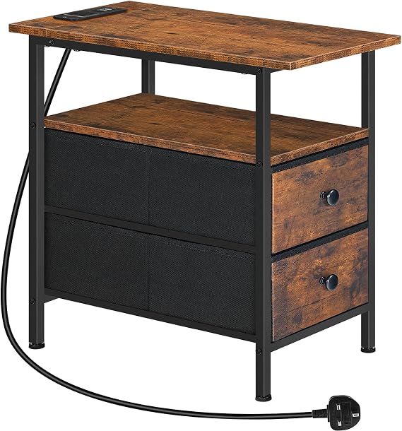 HOOBRO Narrow Bedside Table with Charging Station, with 2 Non-Woven Drawers, Slim Side Table with Power Outlets for Small Spaces, Living Room, Rustic Brown and Black EBF486KBZ01