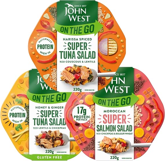 Lunch Snack Bundle With John West On The Go Honey & Ginger Super Tuna Salad, Morrocan Salmon and Harissa Super Tuna Salad 220g Each (3 Pack)