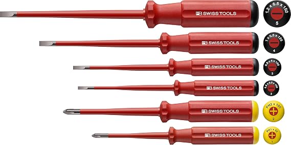 PB SWISS TOOLS 5542SL, Set of 6, Swiss Grip Classic Handle Type, Slim Handle Type, Insulated Screwdriver Set Flathead and Plus, Slim Tip Shape