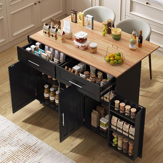 Kitchen Trolley with Wheels Kitchen Island Serving Trolley with Folding Worktop Storage Space Spice Rack & Towel Holder Mobile Kitchen Cabinet (Black-B)